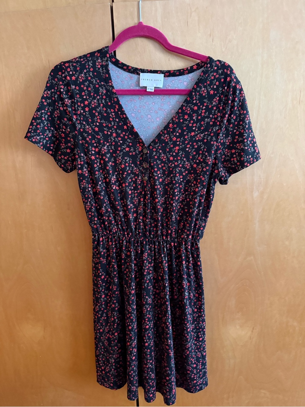 French Grey Black Mini Dress with Red Floral Print